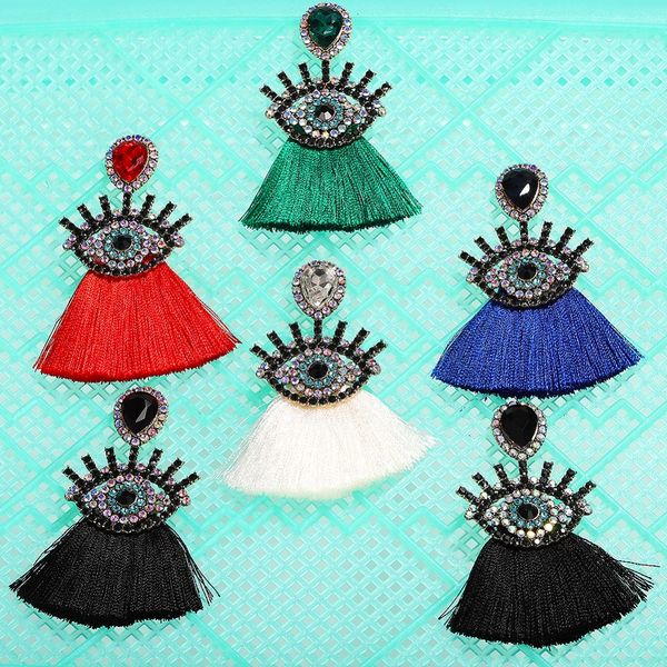 

ladyfirsy bohemian vintage long silktassel drop earrings women wedding jewelry crystal eyes pendant earrings for wedding gifts, Silver
