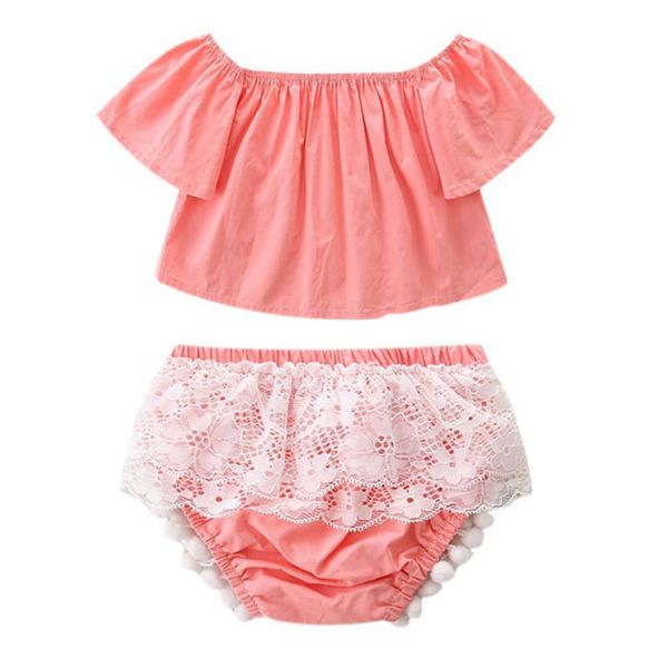 

kids baby clothes off shoulder ruffles t shirt summer shorts outfit baby girls clothes set, White
