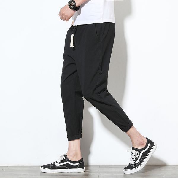 

cotton linen summer casual pants men slim thin ankle length pants men large size loose fashion, Black