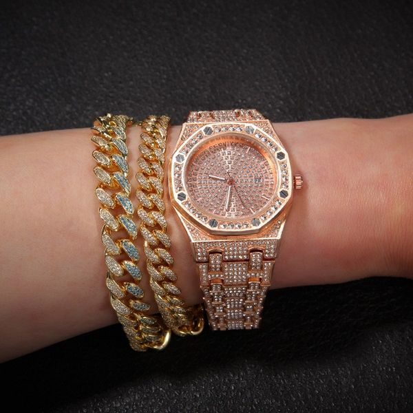 Orologi al quarzo con calendario di design di lusso alla moda per uomo donna gioielli hip hop con diamanti pieni tempestati di oro rosa