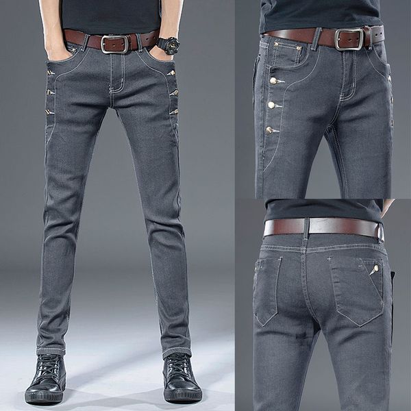 

slim retro grey jeans for spring / summer men slim trend youth trousers korean stretch pants men, Blue