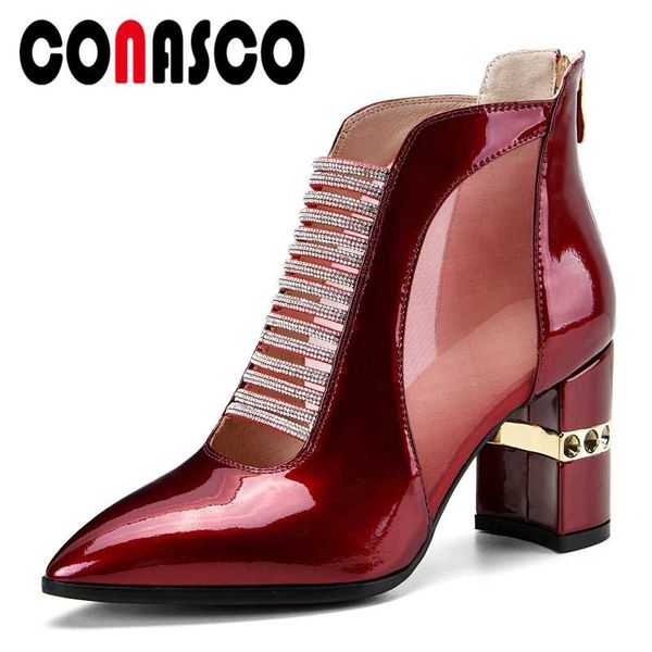 

conasco fashion women cow patent leather summer ankle boots mesh rhinestone narrow band high heels back zipper boots woman, Black