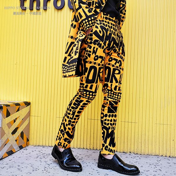 Mens Fashion Yellow Letter Floral Print Suit Trousers Hip Hop Nightclub Stage Singer DJ Male Casual Pants Singer Stage Wear