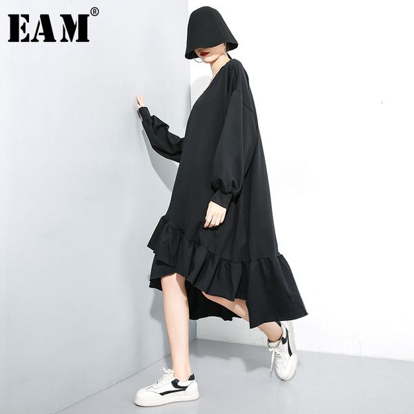 

eam] women black asymmetrical ruffles big size dress new round neck long sleeve loose fit fashion tide spring autumn 2019 1m018, Black;gray
