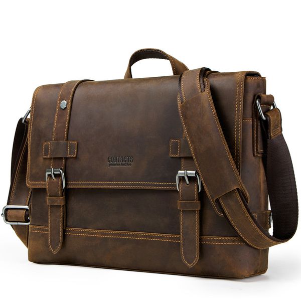 

cow genuine crazy horse leather business men's briefcase male briefcase shoulder bag men messenger bag striped tote computer