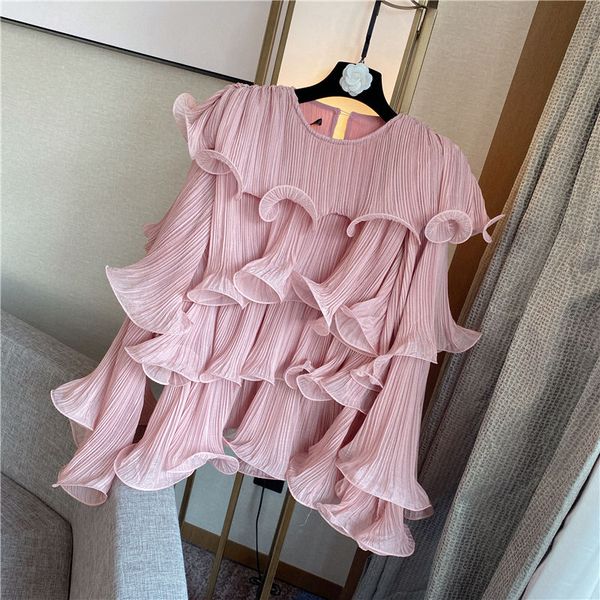 

women's blouses & shirts runway designer style ruffles pink sweet soft girl chiffon blouse for women daily party camisas mujer summer, White