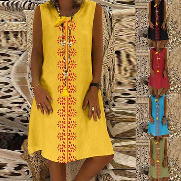 

new arrival women summer sleeveless style v neck printed cotton and linen casual plus size ladies dress 2020, Black;gray