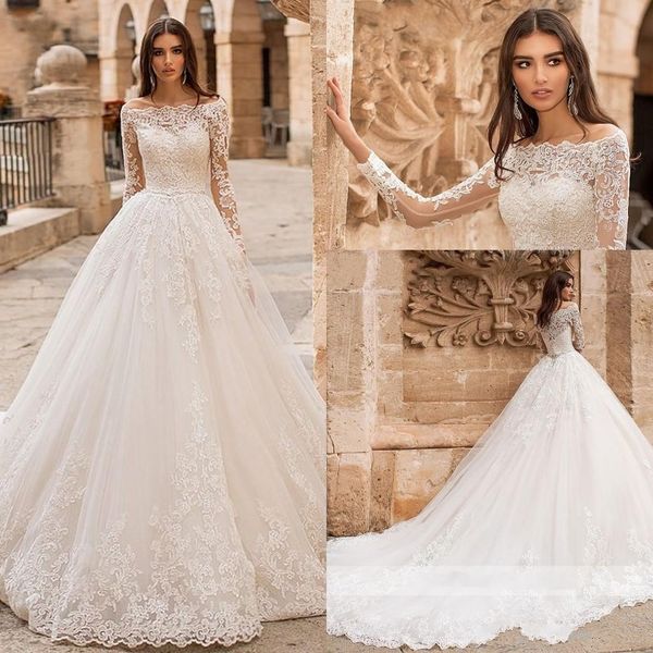 

elegant white full lace wedding dresses off shoulder long sleeves sweep train garden bridal gowns buttons covered vestidos de novia