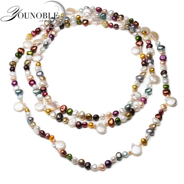 

160cm real natural freshwater pearl long necklace women,wedding colorful beach summer pearl necklace, Silver