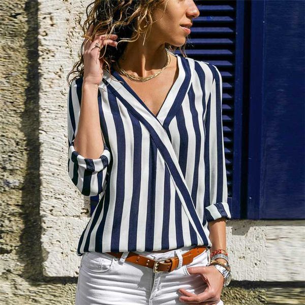 

women striped blouse shirt long sleeve blouse v-neck shirts casual et chemisier femme blusas mujer de moda 2020, White