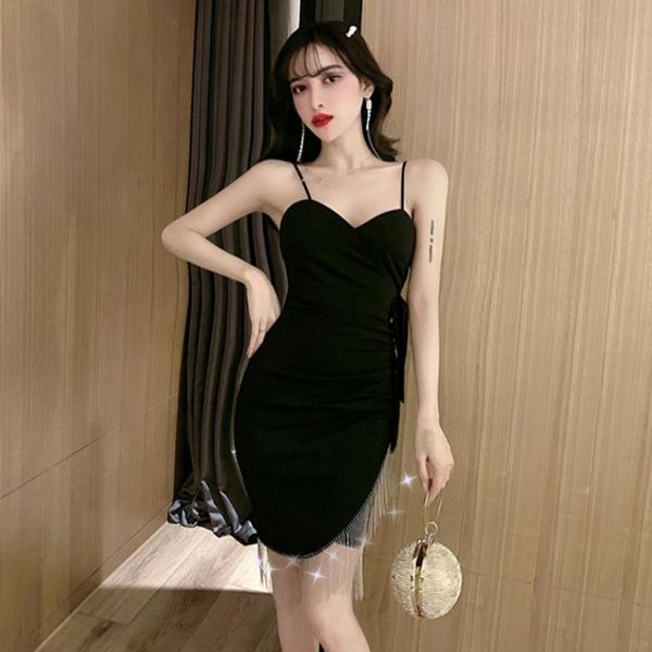 

net red scheming hepburn style small black dress metal tassels temperament inside slim bottom strap dress female, White;black