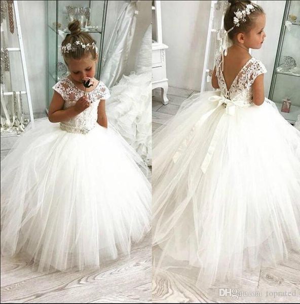 

new designer princess white flower girl dresses garden weddings sheer cap sleeve appliqued with lace-up back toddler kids birthday dress, White;red