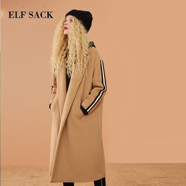 

elf sack autumn new women woolen coat 31.7%wool full solid turn-down collar wide-waisted loose wool blends femme woolen coats, Black