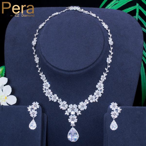 

пера марка классические свадебные украшения длинные большой цветок капли воды ожерелья и серьги наборы для невест с кубическим цирконием j05, Silver