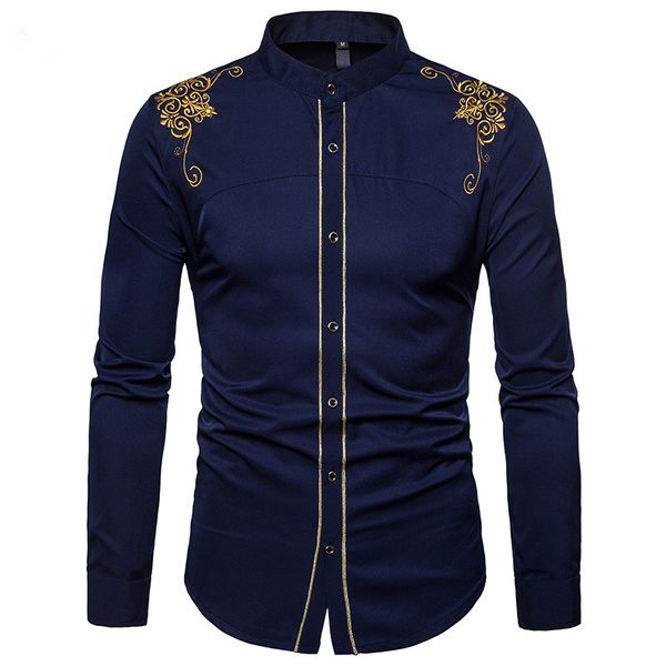 

men's casual shirts fashion design for mens stand collar single breasted court gold rimmed embroidered long sleeved shirt solid color f, White;black