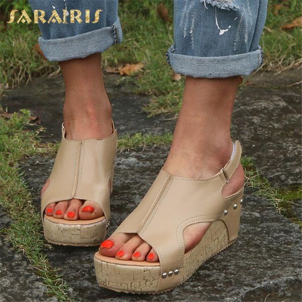 

sarairis 2020 new design large size 43 summer shoes women sandals wedge high heels peep toe flatform concise sandals woman, Black