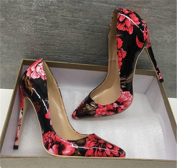 

2019 fashion women black print patent leather flowers poined toes high heeled heels shoes stiletto heel shoes pumps 12cm 10cm