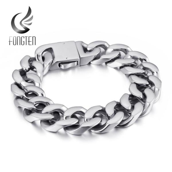 

fongten heavy mens bracelet chain 316l stainless steel punk double curb cuban rombo link bracelets, Black