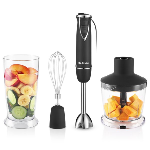 

alfawise hb - 2031 hand blender refined stainless steel blade chops right in the bowl one touch to start whip 600w