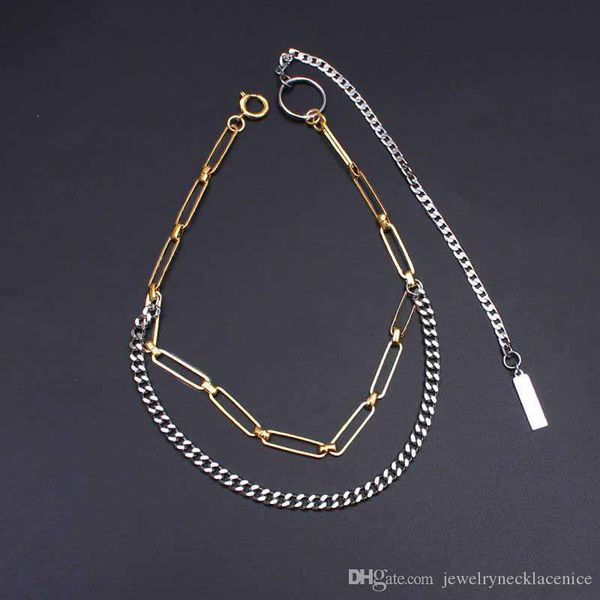 

Fashion Double Color Splice Double Layer Necklace Women And Men Ins Popular Copper Material Silver Color Necklace