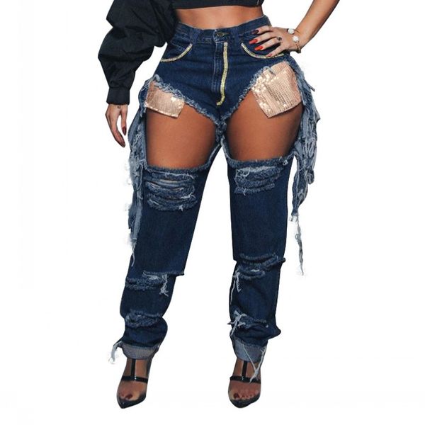 

women's jeans autumn winter women high waist zipper up hole tassel splicing sequins pencil streetwear denim trousers pants, Blue