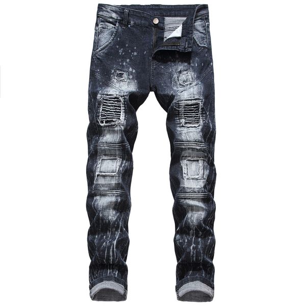 

2019 new fashion men holes jeans european high street motorcycle biker jeans men hip hop ripped slim pants 7.12, Blue