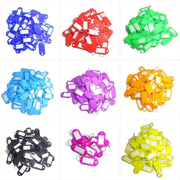 

100pcs coloured plastic key fobs luggage id tags labels key rings with name cards for many uses -bunches of keys luggage, Slivery;golden