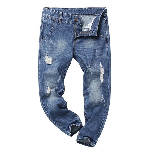 

vogueleo 2019 men stylish ripped jeans pants scratched slim straight hip hop frayed denim trousers skinny causal new fashion, Blue