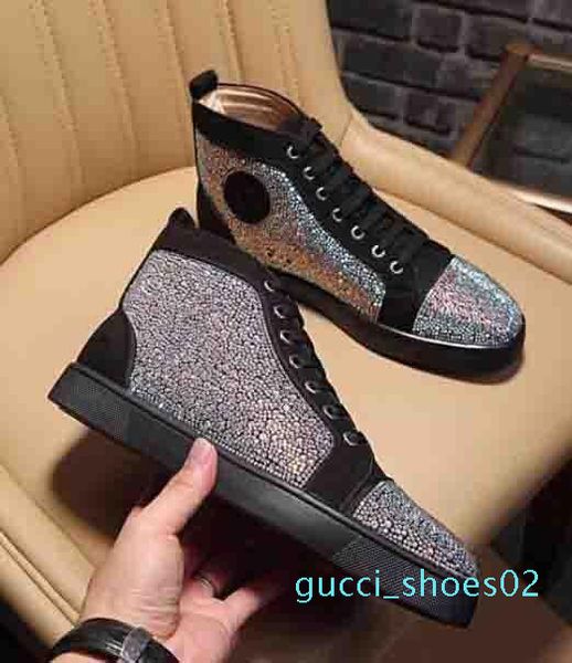 

with box,dust bag) red bottom sneakers rhinestone strass high sneakers red sole women men flats fashion casual shoe disc g02, Black