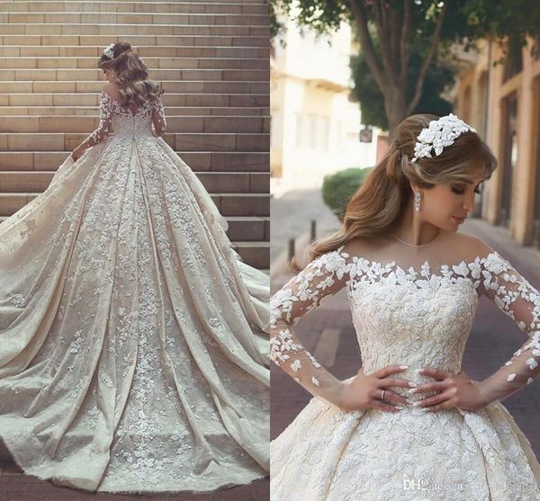 

New gorgeou heer neck lace wedding dre e long train long leeve cry tal ruffle applique tulle wedding dre e ba6989
