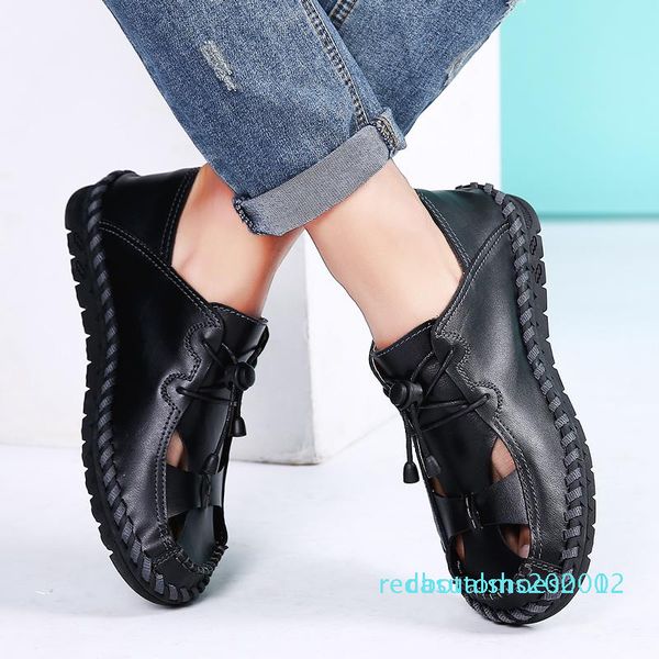 

mens shoe summer slippers men genuine leather breathable sewing handmade sandals beach slippers sandalias hombre sandale hommes r02, Black