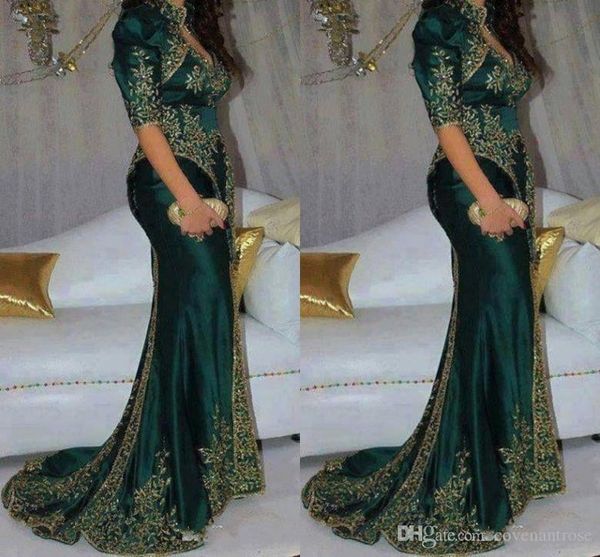 Grüne elegante dunkle Meerjungfrau Abendkleider Sticker Perlen Pailla High Neck Indian 1/2 Ärmeln Gold Appliken Promkleid Partykleid Kleid