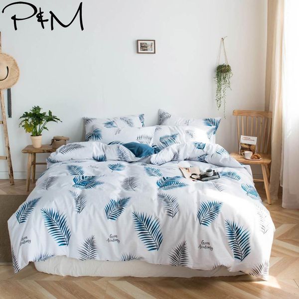

2019 ins blue grey leaves simple duvet cover set flat fitted sheet cotton bedlinens hypoallergenic twin  king bedlinens