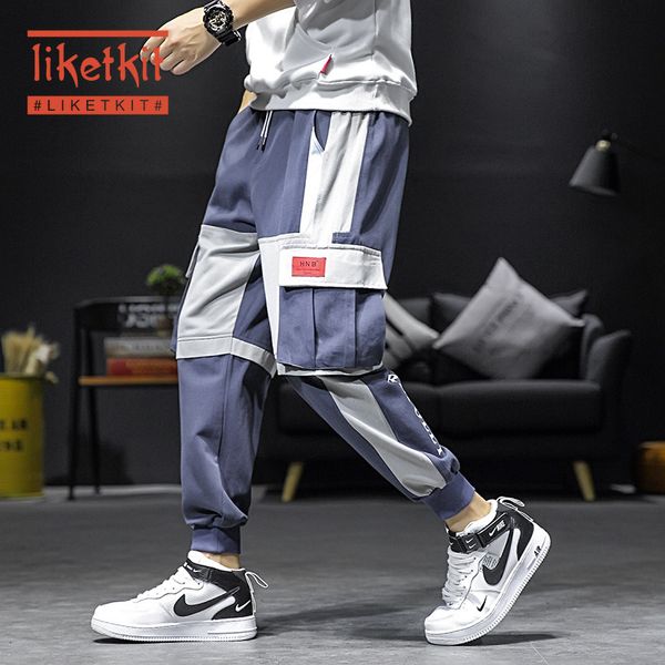 

liketkit cargo pants men winter 2019 color patchwork side pockets tatical joggers male casual trousers harem pants 100% cotton, Black