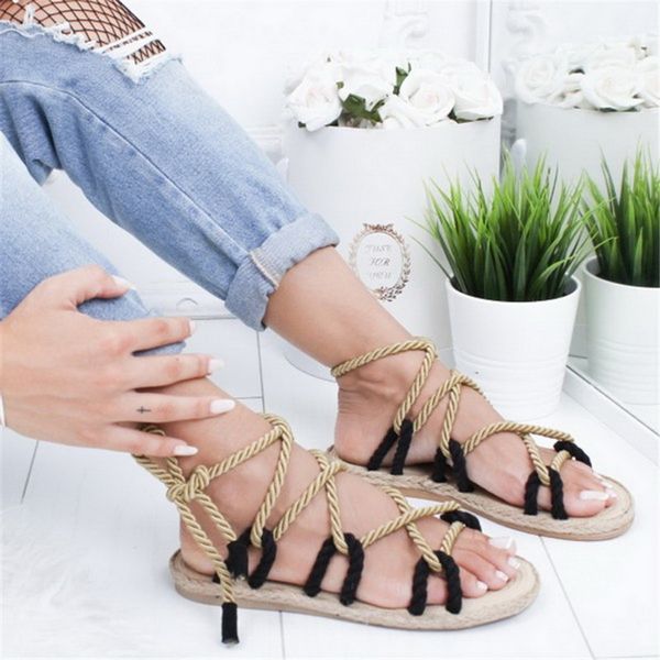 

litthing women sandals rope lace up summer shoes woman heels sandals pointed fish mouth gladiator woman shoes, Black