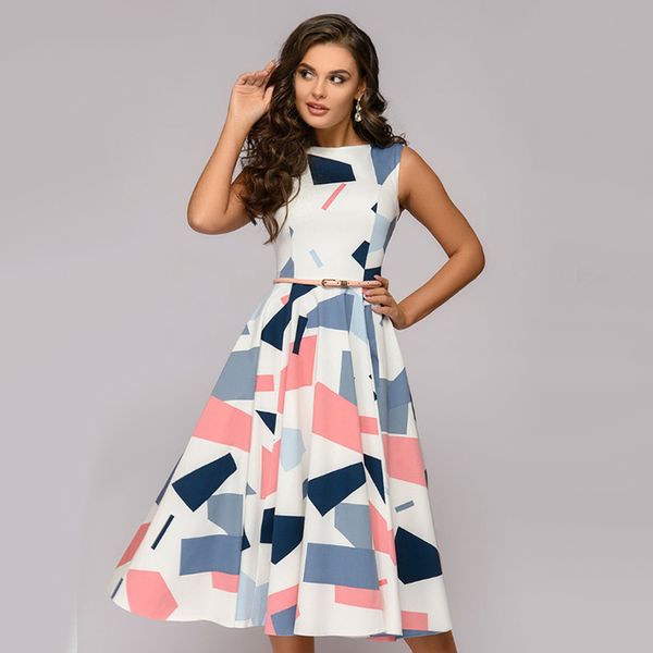 

Women Vintage Geometric Printed Party Dress Sleeveless O neck A-line Casual Mid Dress 2019 Summer New Fashion Chic Women Dress
