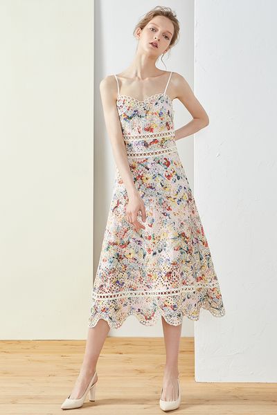 

brand new 2019 women sleeveless floral embroidery spaghetti strap slim mid-calf long dress hollow out strapless boho dress, Black;gray