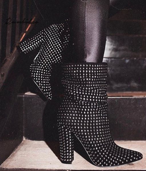 

plus size 35-42 women ankle boots fashion crystal rhinestones zip high heeled pumps botas mujer thick heels party women boots, Black
