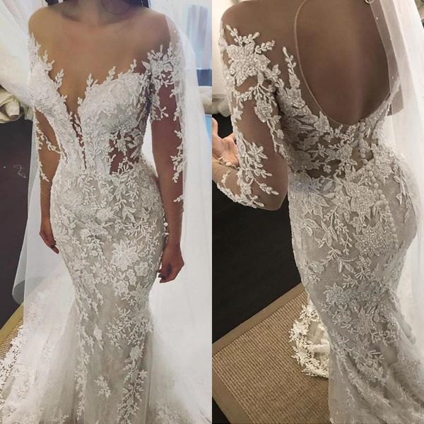 

sheer tulle jewel neck mermaid wedding dresses with beaded lace appliques long sleeves open back sweep train beach boho vestidos de noiva, White