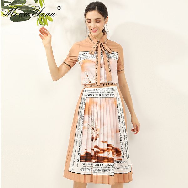 

moaayina fashion designer set весна лето женщины лук с коротким рукавом письмо печати рубашка топы + плиссированная юбка из двух частей кост, White