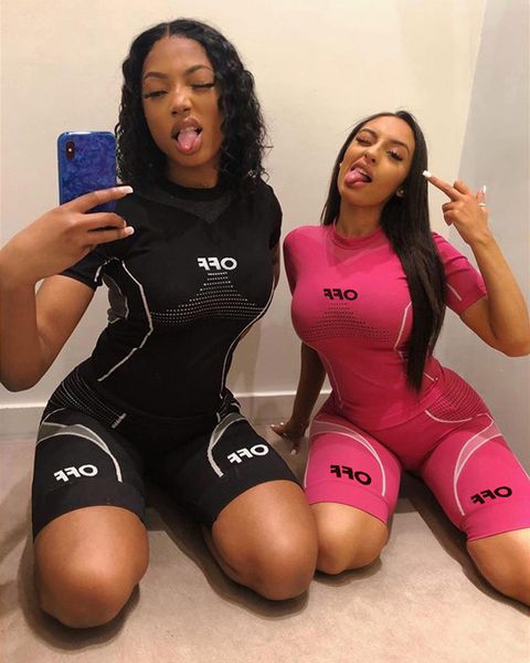 

2020 summer new european american selling women's printed sports fitness short shirt clothes tight solid color sports suit, White