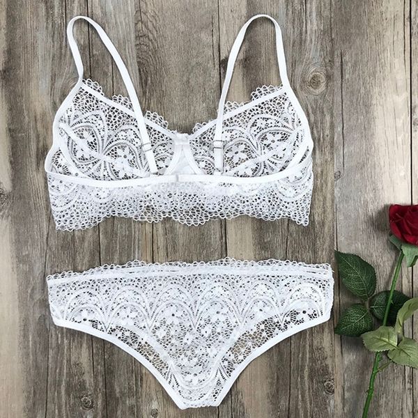 

babydoll 2pcs bra set women transparent bra set + panties black lingerie lace lenceria plus size lace underwear set #w, Black;white