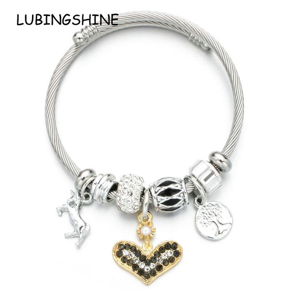 

women stainless steel heart unicorn charms bracelets wire cable rhinestones disco ball open adjustable cuff bangle diy jewelry, Golden;silver