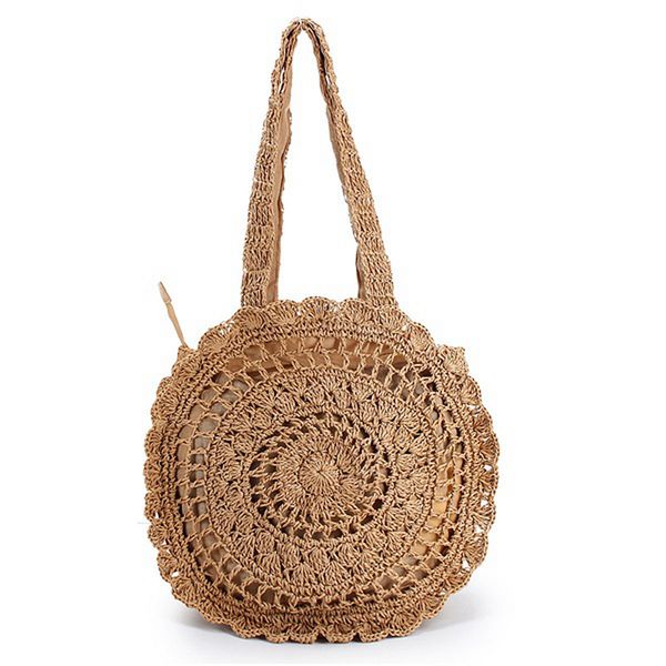 

fggs-new fashion women summer round rattan grass bags beach shoulder bags handbag beige