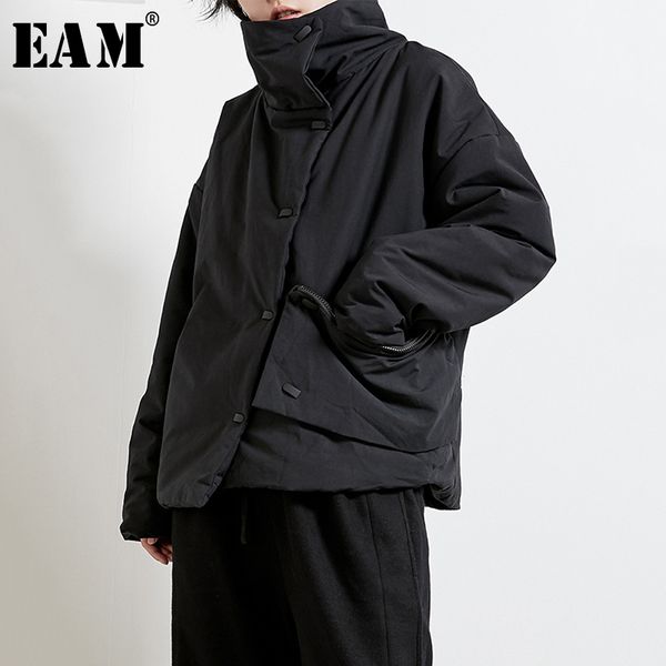 

eam] big pocket big size cotton-padded coat long sleeve loose fit women parkas fashion tide new autumn winter 2020 1n268, Black