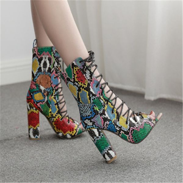 

mixed colors snake print summer ankle boots women super high heels peep toe booties fashion 2020 new female lace-up cool boots, Black