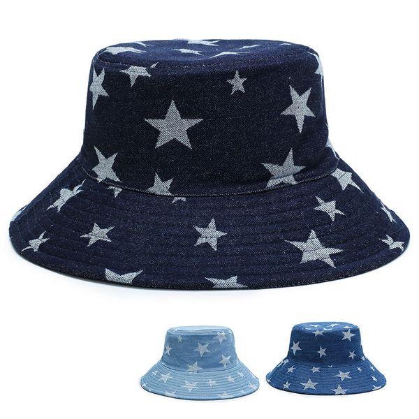 

retro stars print double wear denim bucket hat men fisherman hat flat hip hop panama women sun fashion travel cap, Blue;gray