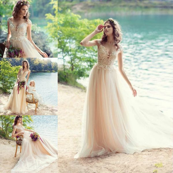 

papilio 2019 свадебные платья с драгоценными камнями и короткими рукавами кружева с аппликациями румяна розовый пляж весенние свадебные плат, White