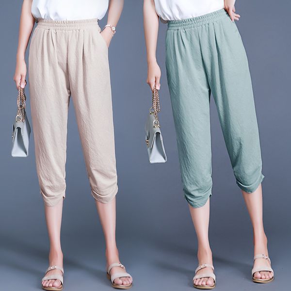 

2018 summer thin capri pants women's 200 of fat mm extra large loose-fit high-waisted viscose cotton linen casual harem pants, Black;white