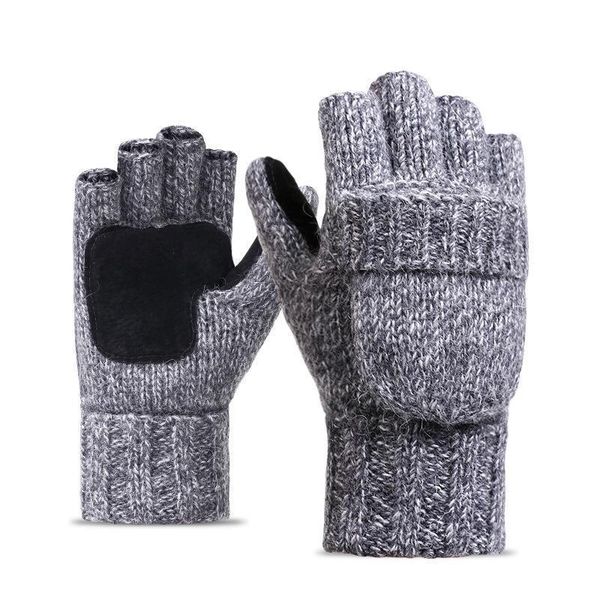 

wool knitted gloves, half finger flip, men and women winter, wool, velvet, thickening, leather, outdoor riding, Blue;gray